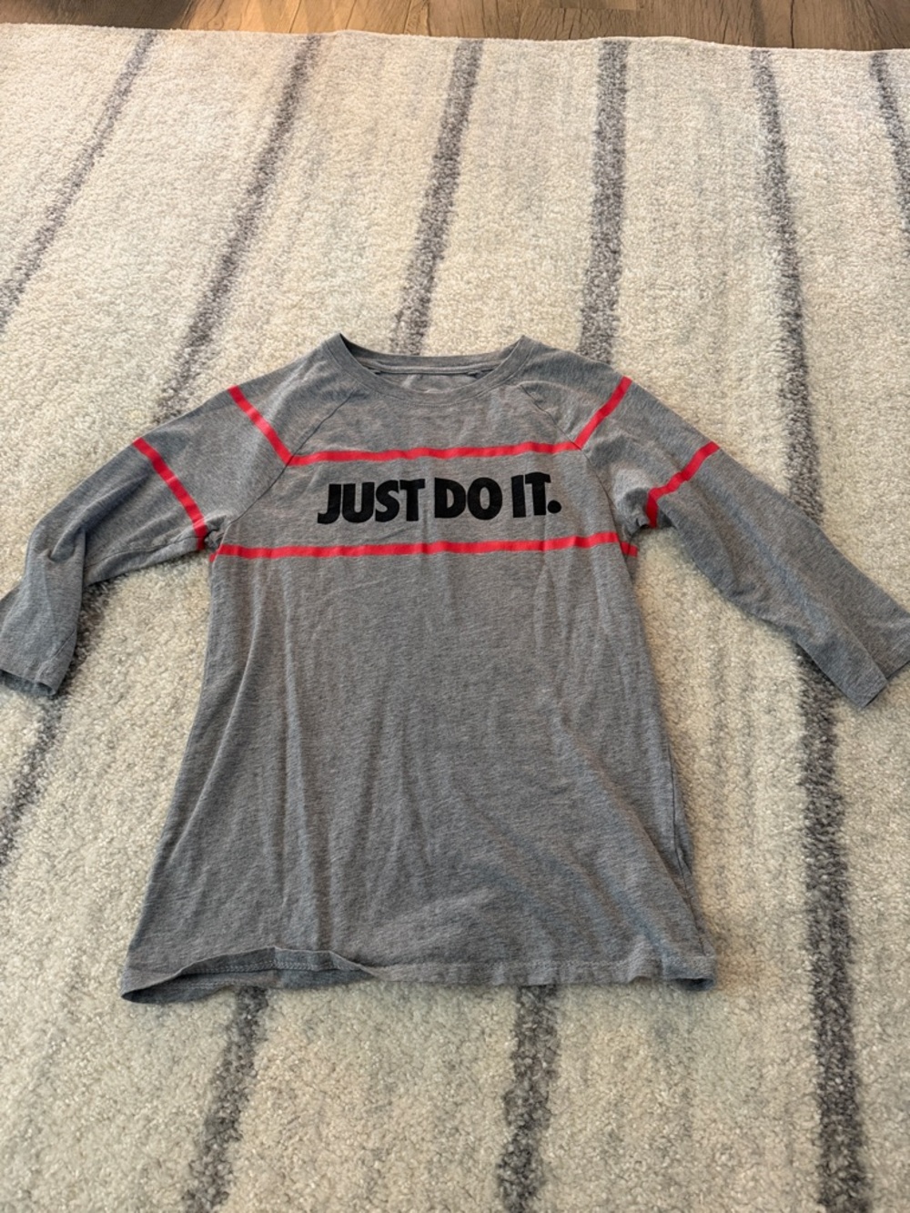 Nike Gray Long Sleeve Tee with Red Stripes and Black 'JUST DO IT.'